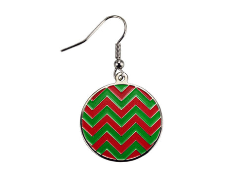 Chevron Red & Green Round Dangle Earrings